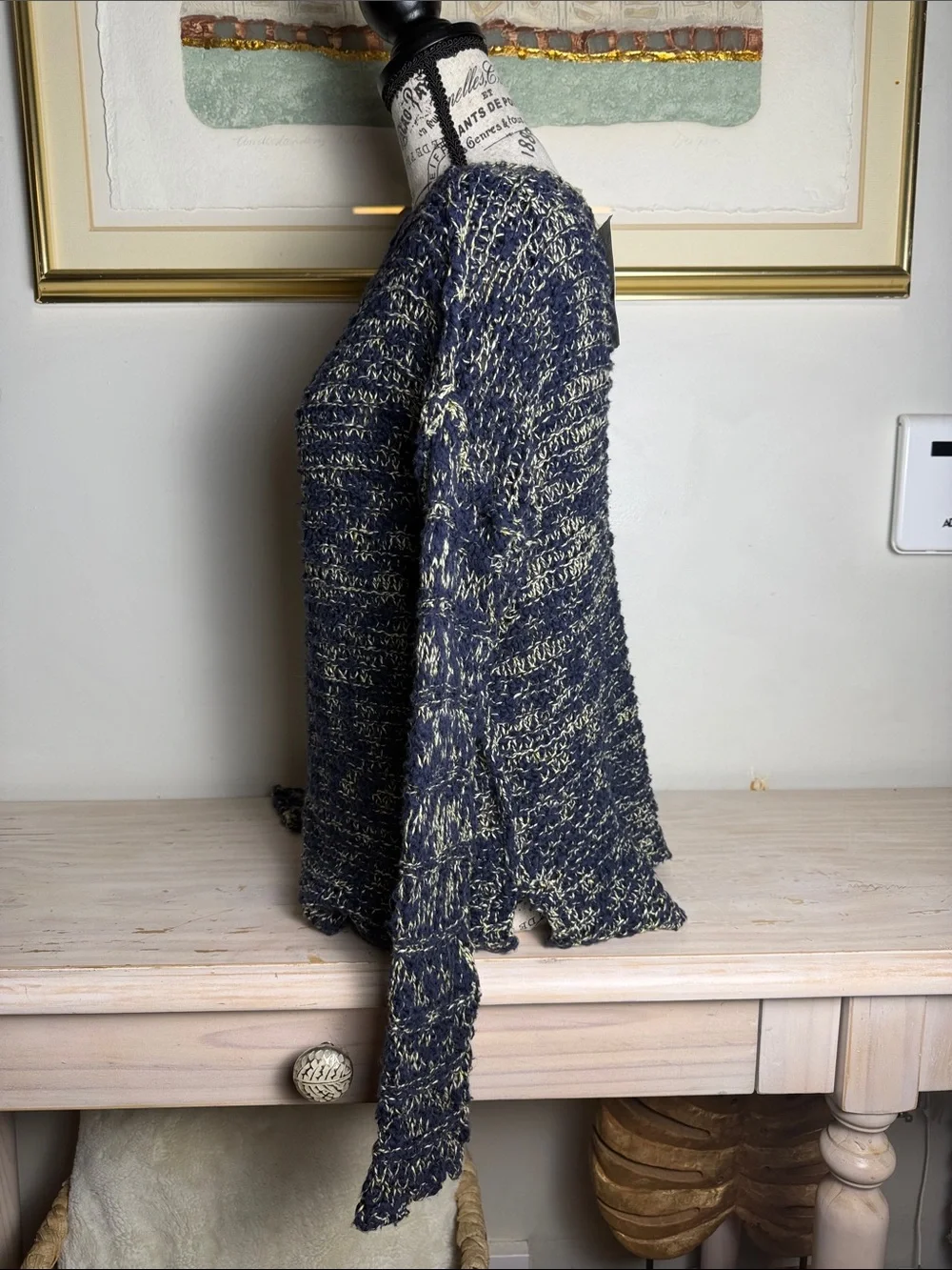 Free People Marled Navy and Cream V-Neck Sweater